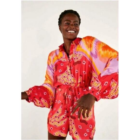 Farm Rio Tiki Bananas Scarf Long Sleeve Mini Romper Red Latinx Size Medium - Picture 2 of 12